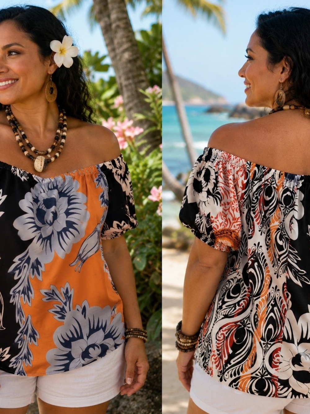 Black , White & Orange Floral Off-Shoulder Tropical Top